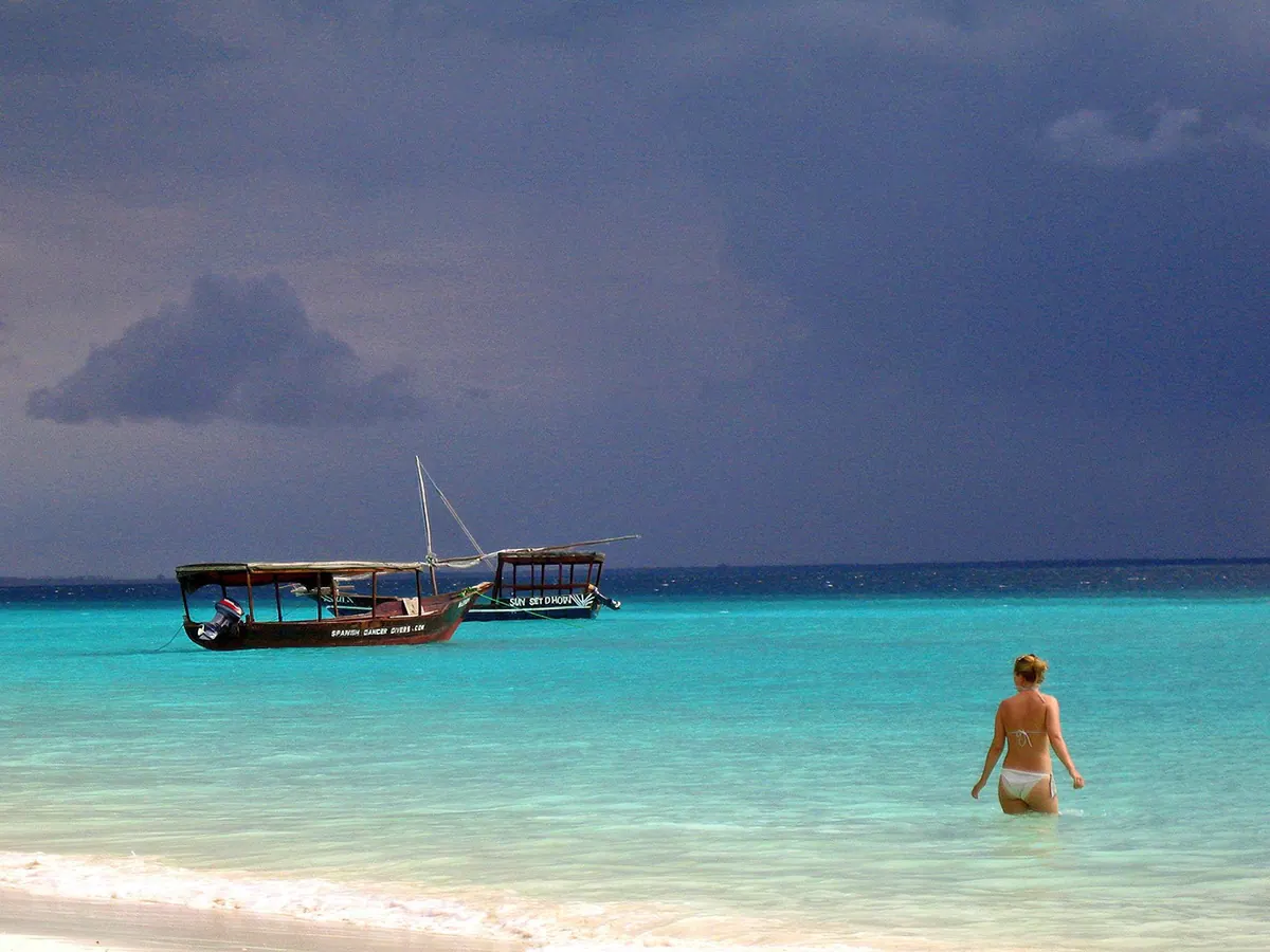 Relaxing on a white sand beach in Zanzibar