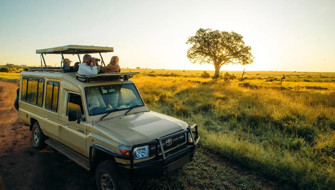 Safari vehicle on a Tanzania park road