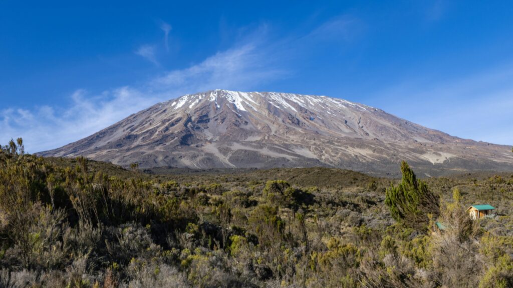 A breathtaking landscape of Mount Kilimanjaro with clear skies, showcasing the snowy peak and lush greenery.
